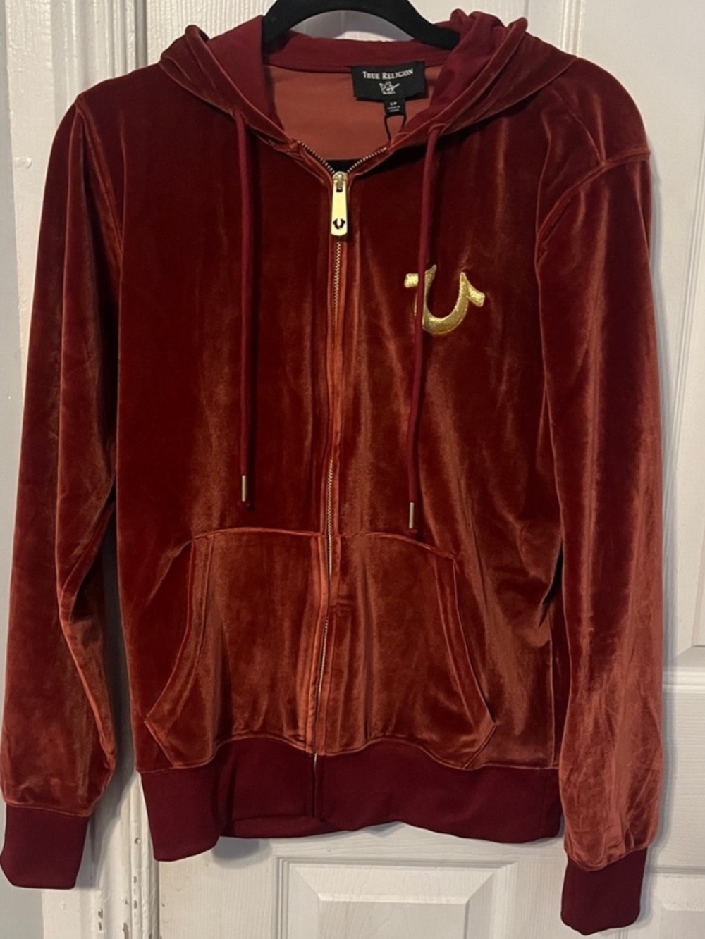 True Religion Burnt Orange Velvet Hoodie with Gold Trim
